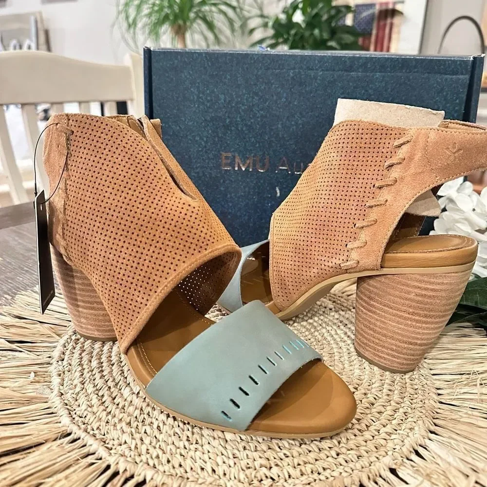 EMU Australia Sarabah Womens Cow Tan Teal Leather Perforated Sandals sz 8.5 NEW